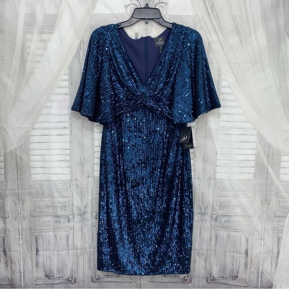 Adrianna Papell Sz 4 Blue Sequin Knee Dress V Neck Flutter Sleeve Sheath Formal - Picture 4 of 16